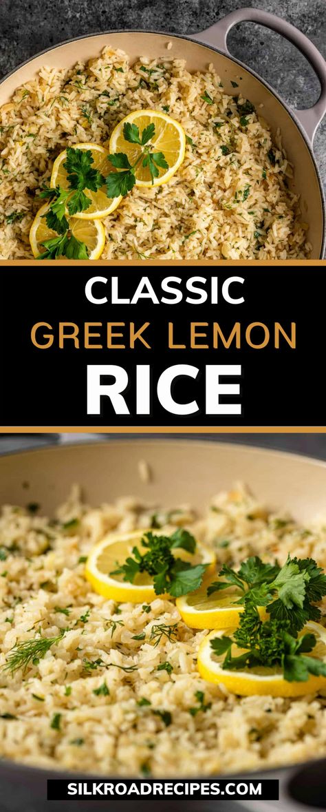 Today, I'm excited to share a simplified version of Greek rice that's bursting with flavor. This Classic Greek Lemon Rice features a delightful mix of lemon juice and zest, fresh parsley, and your choice of oregano or dill. I personally enjoy topping it with a sprinkle of crumbled feta cheese. For a vegetarian or vegan twist, simply swap the chicken broth for vegetable broth and skip the cheese. This versatile dish is sure to satisfy and might just have you reaching for seconds! Greek Lemon Orzo Rice, Spring Greek Recipes, Lemon Thyme Rice, Greek Orzo Rice, Greek Chicken With Lemon Rice, Lemon And Herb Rice, Oven Baked Greek Rice, One Pot Greek Chicken With Lemon Rice, Lemon Basmati Rice Recipes