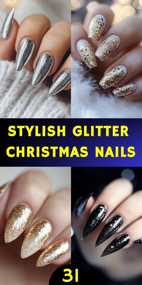 Nail Ideas Glitter Tips, Glitter Tip Christmas Nails, Holiday Glitter French Nails, Glitzy Christmas Nails, Party Season Nails, Trending Holiday Nails, Festive Glitter Nails, Holiday Nails 2024 Trends, Holiday Nails Almond Shape Sparkle