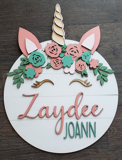 18" wooden unicorn circle sign! Custom made, handpainted by Two Darlings Ko #shoplocal #lasercutting #twodarlingsko #circlesigns #namesigns #nurserydecor #unicorndecor #unicornsign Unicorn Nursery Theme, Tooele Utah, Unicorn Girls Room, Girls Room Unicorn, Name Circle, Circle Signs, Unicorn Quilt, Last Name Wood Sign, Unicorn Room Decor