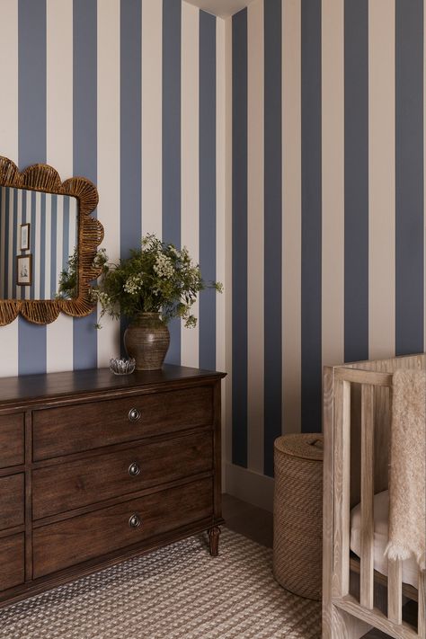 Swirling Wind — Bide Studio | Interior Design by Sarah Killam Blue Striped Wallpaper Bedroom, Striped Wallpaper Nursery, Striped Walls Bedroom, Berry Palette, Nursery Room Wallpaper, Blue Striped Walls, Striped Bedroom, Furniture Upcycling, Striped Walls