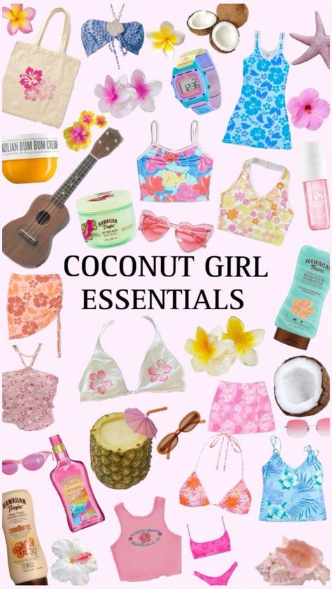 Coconut girl essentials Coconut Girl Outfits Summer, Coconut Girl Summer Outfits, Summer Tropical Outfits, Coconut Girl Aesthetic Clothes, Coconut Girl Essentials, Coconut Outfit, Beach Girl Aesthetic Outfit, Coconut Clothes, Coconut Girl Outfits