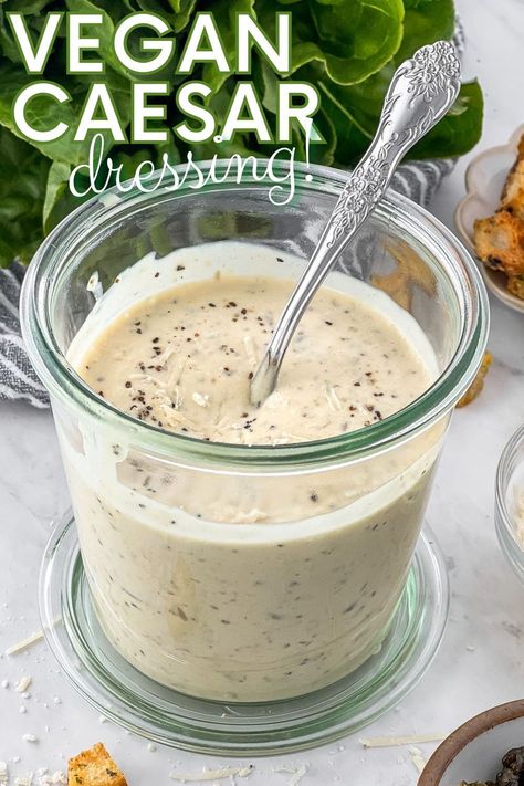 This vegan Caesar salad dressing recipe is so incredibly easy to make and tastes just like a classic Caesar dressing. Our whole family is obsessed! Makes a great veggie dip too! #dairyfree Vegan Ceasar Dressing, Vegan Ceasar Salad, Vegan Caesar Salad Dressing, Ceasar Dressing, Anchovy Paste, Caesar Salad Dressing Recipe, Vegan Caesar Dressing, Caesar Dressing Recipe, Vegan Caesar Salad