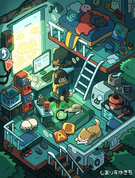 Cozy Loft, Isometric Art, Loft Room, Isometric Illustration, Game Concept Art, Cool Wallpapers Art, Fantasy Concept Art, Cute Little Drawings, Environment Concept Art