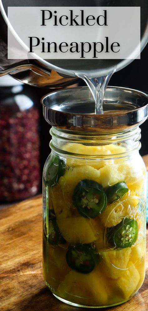 This simple pickled pineapple recipe makes for a delicious addition to countless recipes! No canning or fancy equipment is required, just your refrigerator. Sweet with a hit of spice, it is super unique and yummy! Spicy Pickled Pineapple, Sweet Lime Pickles Recipe, Refrigerator Pickling Recipes, Pineapple Extract Recipes, Candied Jalapeños With Pineapple, Pickled Recipes Canning, Pickled Jalepeno Recipes Refrigerator, Fermenting Jar Recipes, Quick Pickling Recipes