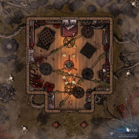 Download this map for free or create your on on dungeonfog.com. ⚔️ - #dungeon #rpg #ttrpg #battlemap #map #dnd #dnd5e #roleplay - A loathsome witch's hut in the heart of some cursed woods. Hag House Dnd, Dnd Witch Hut Map, Dnd Halloween Map, Dnd House Map, Dnd Cultist Lair Map, Hag Hut Battlemap, Hag Lair Map, Dungeon Rpg, Witch Cabin