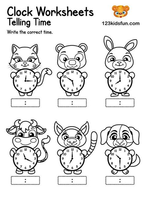 Clock Worksheets for Kids - Telling Time. Kindergarten and Preschool age Kids can Learn Telling Time and Writing the Correct Time. Prek3 Curriculum, Simple Math Worksheets, Clock Learning For Kids, Math Worksheets Preschool, Clock Worksheets, Fun Apps, Kindergarten Math Worksheets Free, Math Addition Worksheets, Homeschool Preschool Activities