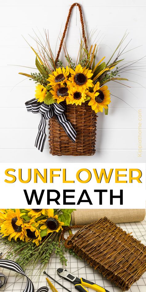 basket with sunflowers and bow Decorating Baskets, Sunflower Wreath Diy, Front Door Baskets, Easy Fall Wreaths, Sunflower Crafts, Floral Door Wreaths, Basket Wreath, Easy Diy Wreaths, Door Wreaths Diy