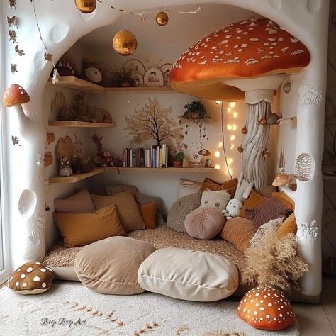 Mushroom Reading Nook, Mushroom Fairy Room Aesthetic, Fairy Home Decor Living Room, Cozy Bedroom Sitting Area, Small Kids Room Storage Ideas, Cottagecore Interior Design Living Room, Room Inspo Cozy Boho, Fairy Core Living Room, Fairy House Decor