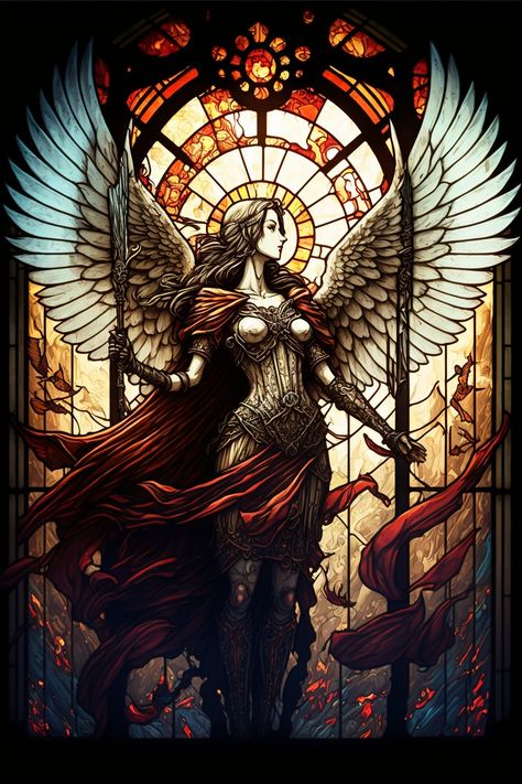 Tsaphkiel or Zaphkiel (also written as Tzaphqiel, Zaphchial, Zaphiel, or Zelel) is an archangel. Represented either as a male or female, (s)he is equated with Jophiel/Zophiel, but other times considered to be a different angel. Zaphkiel is "chief of the order of thrones and one of the 9 angels that rule Heaven; also one of the 7 archangels." She can watch people when they need to make important decisions and when they need to put them into words for others. If they are unsure of the words,... Celestial Warrior, Celestial Woman, Stained Glass Artwork, 7 Archangels, Warrior Angel, Stain Glass Window Art, Woman Warrior, Stained Glass Angel, Glass Window Art