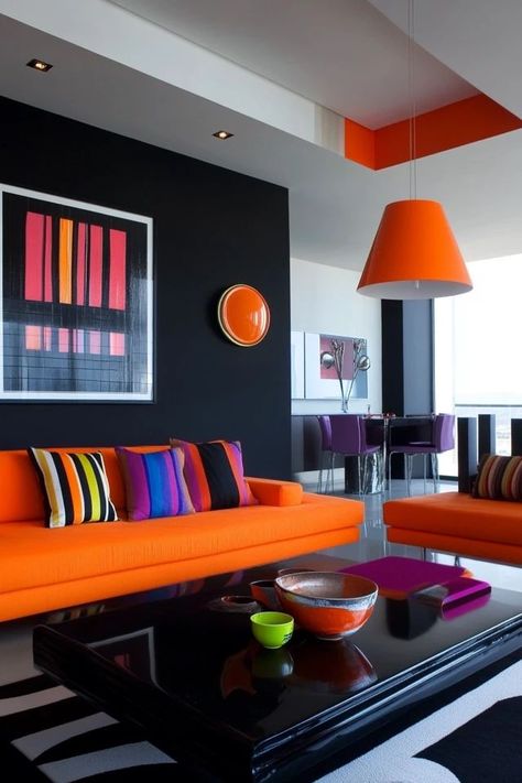 "Add personality to your living room with Bold Color Accents! 🎨🛋️ A great way to create a lively and inviting space. 🌿✨ #ColorfulHome #InteriorIdeas #LivingRoomInspiration" 70s Living Room, Charcoal Walls, Apartment Vibes, Color Accents, Loft Living, Modern Loft, Environmental Design, 70s Style, Add Personality