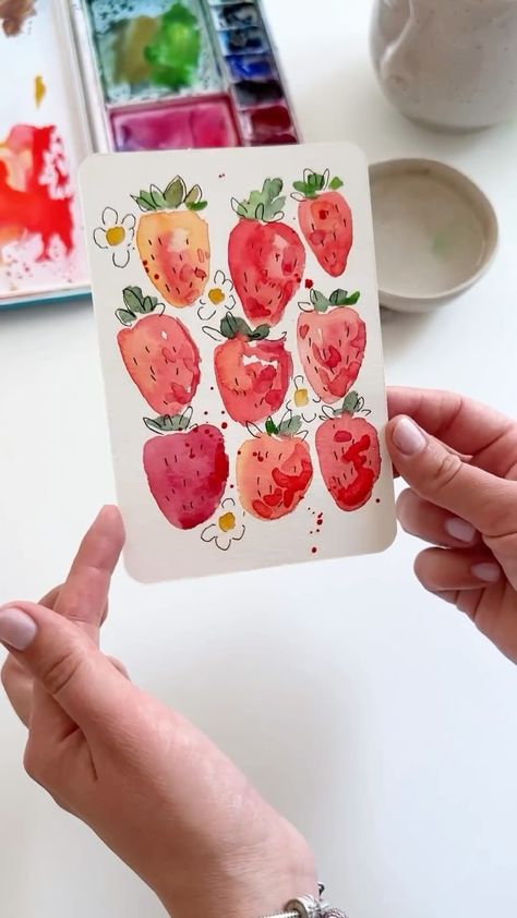 Easy and fun way to paint strawberries with watercolor 🍓🍓🍓🥰 Summer mood turned on! #watercolor #watercolortutorial #artprocess… | Instagram Watercolor Paintings Strawberry, Watercolor Wall Art Diy, Things To Draw With Watercolor Easy, Watercolor Art Valentines, Kid Watercolor Ideas, Watercolor Art Ideas Creativity, Summer Watercolor Ideas, Easy Watercolor Doodles, Fun Watercolor Paintings