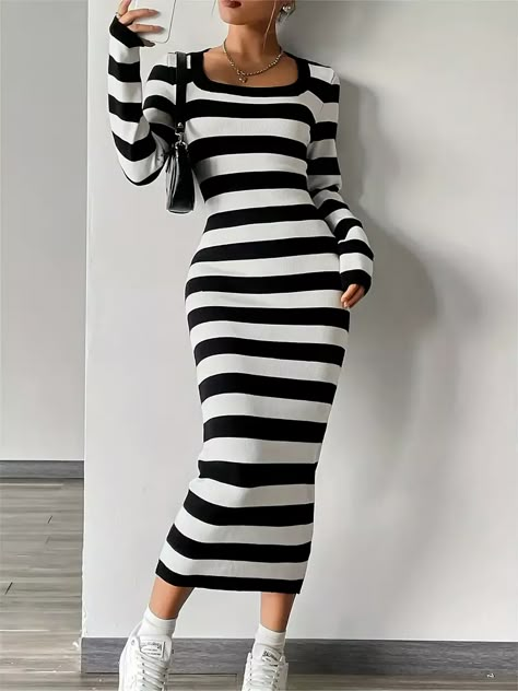 Long Bodycon Dress Outfit, Body Con Dress Outfit, Bodycon Sweater, Bodycon Sweater Dress, Striped Bodycon Dress, Clothing Model, Striped Sweater Dress, Long Sweater Dress, Long Bodycon Dress