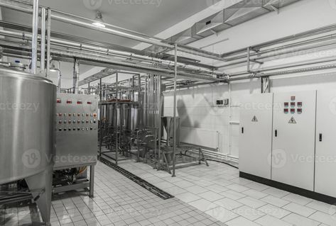 general view of the interior of a milk factory. equipment at the dairy plant Milk Factory, Factory Interior, Industrial Factory, Design Files, Dairy, Milk, Design