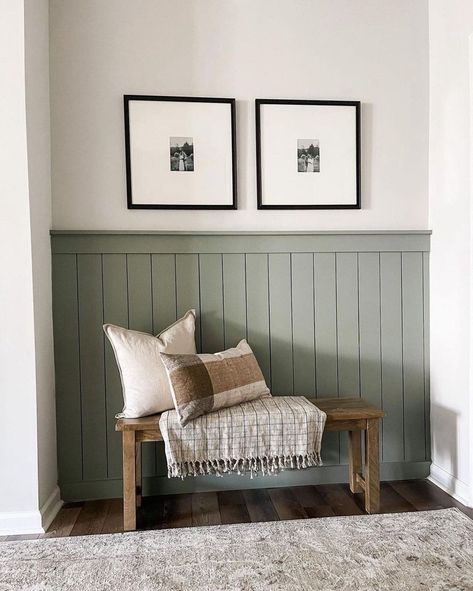 Beadboard Half Wall, Beadboard Accent Wall, Best Sherwin Williams Paint, Shiplap Entryway, Pantry Door Ideas, Evergreen Fog, Accent Wall Entryway, Sage Green Paint Color, Exterior House Paint Color