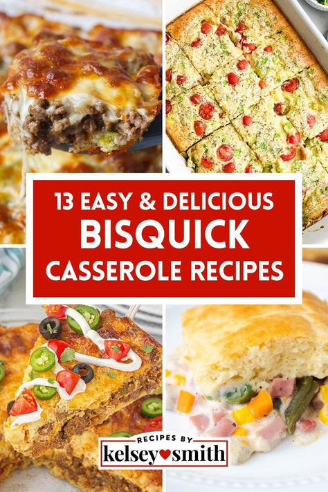 Four casseroles: philly cheesesteak casserole, chicken and tomato casserole, taco casserole, and ham and veggie casserole. Casseroles With Bisquick, Bisquick Broccoli Cheese Casserole, Bisquick Ground Beef Recipes, Things To Make With Bisquick, Bisquick Recipes Dinner Casseroles, Bisquick Casserole Recipes, Bisquick Taco Bake, Bisquick Dinner Recipes, Bisquick Casserole