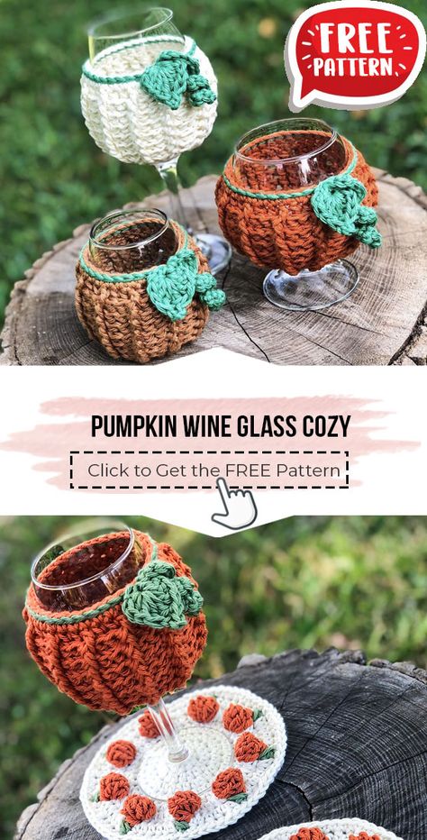 crochet Pumpkin Wine Glass Cozy free pattern - FREE Crochet Cozy Pattern for Beginners. Click to Get the Pattern #Cozy #crochetpattern #crochet via @shareapattern.com Wine Glass Cozy, Thanksgiving Crochet Patterns, Pumpkin Wine, Crochet Pour Halloween, Thanksgiving Crochet, Crochet Cup Cozy, Fall Crochet, Fall Crochet Patterns, Cozy Crochet Patterns