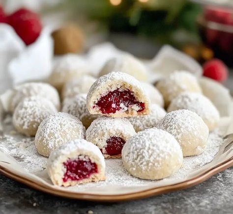 Raspberry Filled Almond Snowball Cookies | Homemade Recipes Almond Snowball Cookies, Raspberry Cookie, Snowball Cookie Recipe, Cookie Balls, Almond Cookie, Facebook Recipes, Raspberry Cookies, Cookie Table, Raspberry Almond