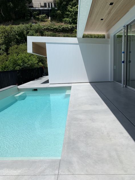 Exterior Concrete - Special White/Grey mix then stained in a light grey color Light Grey Pool, Concrete Around Pool Ideas, Pool Paving Ideas, Concrete Around Pool, Grey Pool, Pool Concrete, Small Pools Backyard, Pool Paving, Inground Pool Designs