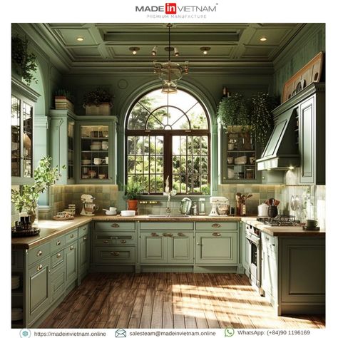 🌿✨ Green Kitchen Cabinet - Elegant and Natural! The soft green color brings a lively and harmonious atmosphere to your kitchen, perfectly blending with nature. Ideal for enjoying peaceful moments with your family! 🏡💚 Follow us via: Instagram / Facebook Website: www.madeinvietnam.online E mail: salesteam@madeinvietnam.online WhatsApp: (+84)90 1196169 #GreenKitchenCabinet #NaturalLiving #HomeInspiration #CozyKitchen #HomeDecor #Madeinvietnam #SupplierVietnam #Vietnameseproductmanufacture #v... French Country Kitchen Green, Green Kitchen With Gold Accents, Fairycore Kitchen, House Palettes, Fairycore House, Green And White Kitchen, Kitchen Moodboard, Forest Kitchen, Sage Kitchen