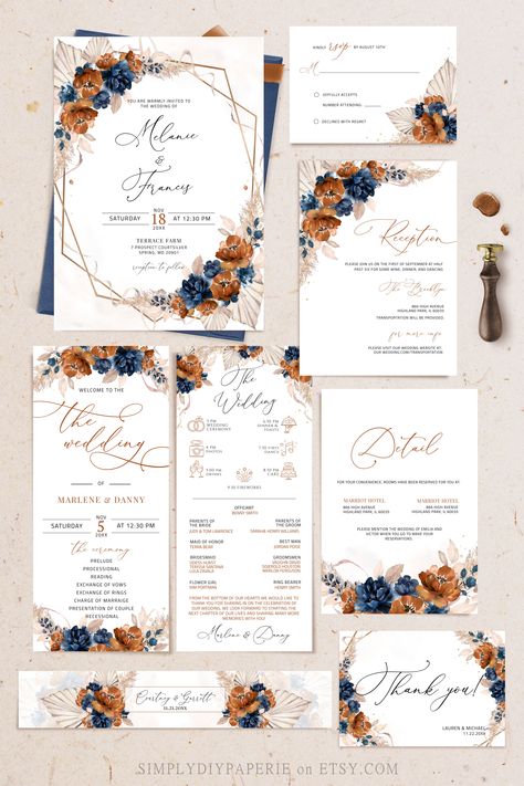 Navy Blue And Light Orange Wedding, Rust And Dusty Blue Wedding Theme, Blush Blue And Burnt Orange Wedding, 1 Page Wedding Invitation, Navy Sage And Terracotta Wedding, Rustic And Blue Wedding, Rusty Orange And Navy Wedding, Teraccota And Blue, Navy Blue And Rust Wedding Invitations