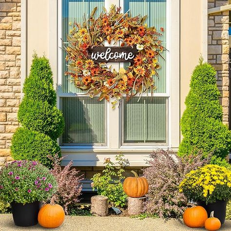 Sggvecsy Artificial Fall Wreath 22’’ Autumn Front Door Wreath Harvest Wreath with Orange Daisy Ear of Wheat Mixed Flowers and Leaves for Outside Indoor Wall Window Festival Thanksgiving Autumn Decor Outside Fall Decorations, Autumn Front Door, Fall Autumn Decor, Orange Daisy, Pumpkin Display, Mixed Flowers, Harvest Wreath, Diy Fall Wreath, Wall Window