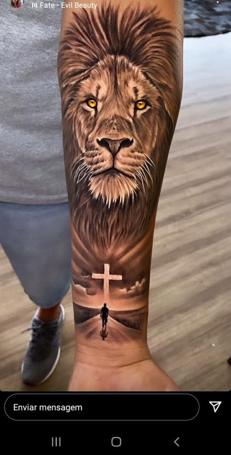 Men’s Lion Tattoo Arm, Lion Tattoo Design Male Forearm, God And Lion Tattoo, Best Christian Tattoos For Men, Christian Half Sleeve Tattoo Men, Christian Lion Tattoos For Men, Christian Tattoo Sleeve Ideas For Men, Lion Tattoo Sleeve Men, Lion Leg Tattoo Men