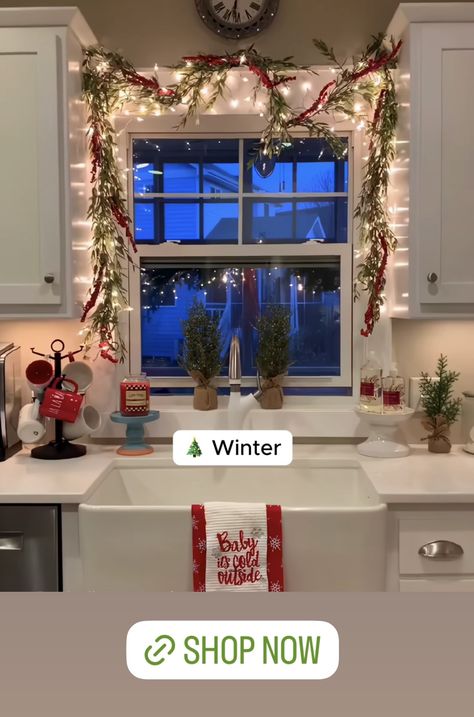 Christmas Lights Around Kitchen Window, Kitchen Window Sill Christmas Decor, Christmas Garland Kitchen Window, Garland Kitchen Window, Window Sill Christmas Decor, Kitchen Window Sill, Christmas Lights Garland, Light Garland, Kitchen Window