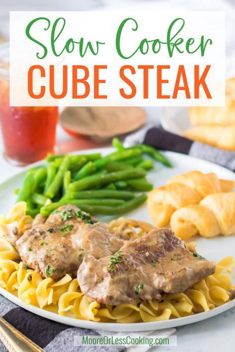 Slow cooker meals are always a favorite and this Slow Cooker Cube Steak is amazing! Just 5 ingredients cube steak, onions, beefy onion soup, cream of mushroom, and butter and you have a flavorful, tender cube steak that makes its own gravy that is perfect over mashed potatoes, noodles, or even rice. It is a real crowd-pleasing family favorite and great for these upcoming chilly Fall nights. via @Mooreorlesscook Tender Cube Steak, Beefy Onion Soup, Slow Cooker Cube Steak, Asparagus Side Dish, Slow Cooker Sloppy Joes, Slow Cooker Roast Beef, Over Mashed Potatoes, Slow Cooker Meals, Slow Cooker Recipes Beef