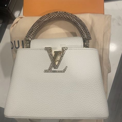 Louis Vuitton White Python-Trimmed Taurillon Mini Capucines Louis Vuitton Capucines Mini, Capucines Mini, White Python, Louis Vuitton White, Louis Vuitton Capucines, White Aesthetic, Vuitton Handbags, Louis Vuitton Handbags, Python