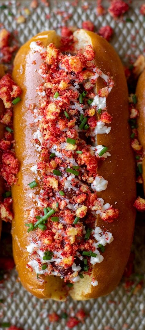 Hot Dog Ideas Creative, Cheeto Recipe, Hot Dog Pizza Recipes, Flaming Hot Cheetos Party Ideas, Hot Cheetos Recipe, Hot Cheetos Corn Dog, Flaming Hot Cheetos Recipe, Loaded Hot Dogs, Flamin Hot Cheetos Recipe