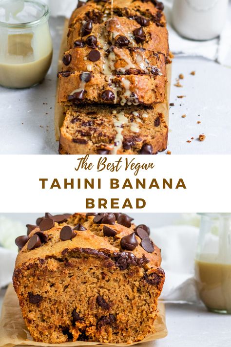 An easy, moist, & healthy Vegan Banana Bread filled with tahini. This banana bread is refined sugar-free and made with spelt flour for a simple egg-free and dairy-free banana bread. No sugar added chocolate chips can be added to make this banana bread recipe even tastier! Healthy banana bread is a great breakfast to make ahead and take on the go, for kids, or for brunch. #tahinibananabread Banana Bread No Sugar, Healthy Vegan Banana Bread, Tahini Banana Bread, Banana Bread Easy Moist, Dairy Free Banana Bread, Almond Butter Recipes, Vegan Gingerbread, Vegan Breakfast Ideas, Feb 26