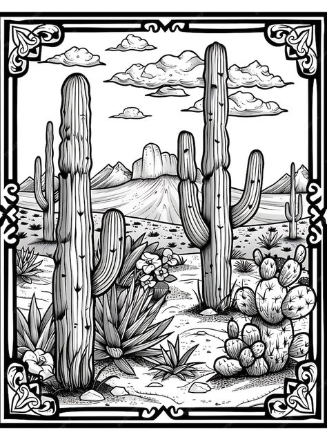 Cactus Desert Drawing, Saguaro Cactus Drawing, Mexican Cactus Art, Desert Tattoos, Desert Sketch, Cactus Sketch, Desert Clipart, Cactus Outline, Desert Drawing