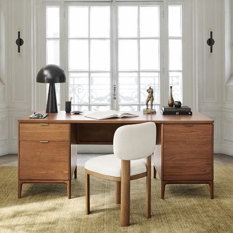 All New Furniture, Sofas, and Couches | West Elm Oak Desk Office, Modern Retro Office, Mid Century Office, Modern Desks, Creative Office, Simple Desk, Dovetail Joinery, Furniture Sofas, Interior Design Mood Board