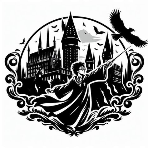 Harry Potter Dxf, Hogwarts Stencil, Harry Potter Silhouette Art, Harry Potter Things To Draw, Dementors Harry Potter, Hogwarts Tattoos, Harry Potter Line Art, Ravenclaw Svg, Hogwarts Castle Drawing