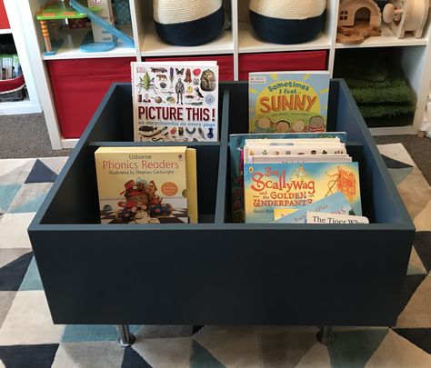 DIY kids book bin storage, IKEA Eket shelf put on top of a piece of scrap ply with IKEA Capita legs on it. Homeschool Ikea, Eket Ikea, Ikea Hack Kids, Audio Cabinet, Ikea Eket, Book Bin, Boys Shared Bedroom, Storage Ikea, Loft Lounge