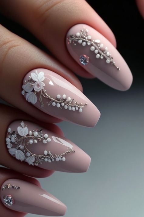 Polish Motifs, Bridgerton Nails, Talon Nails, Bridal Nails Designs, Bridal Nail Art, Nail Techniques, Nail Time, Nail Art Disney, Nails Design With Rhinestones