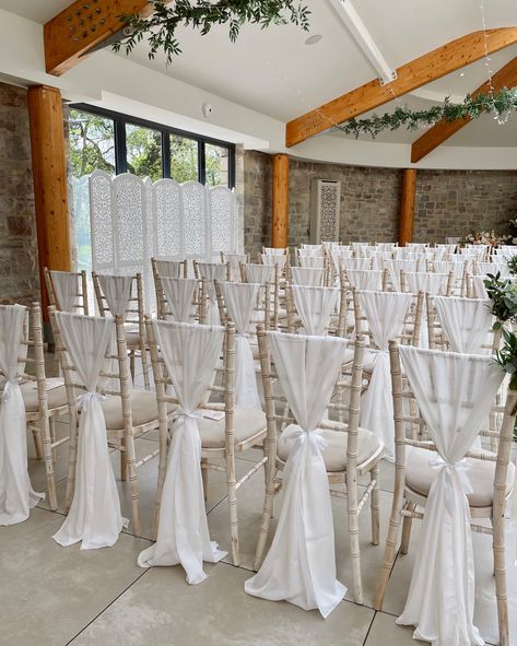 Wedding Isles Chair Decoration, Wedding Chair Draping, Chair Decoration Wedding, Outdoor Covered Wedding Ceremony, Wedding Dinner Chairs, Wedding White Chair Decorations, Wedding Chair Drapes, Chivari Chair Decor Wedding, Chair Drapes