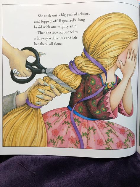 The evil witch furiously cuts off Rapunzel's long golden hair with a big pair of scissors as her punishment from Rapunzel by Mary Engelbreit Rapunzel Cut Hair, Evil Rapunzel, Rapunzel Grimm, Tangled Rapunzel Hair, Long Golden Hair, Anime Haircut, Anime Long Hair, Evil Witch, Rapunzel Hair