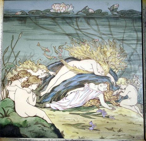 Minton tile or plaque. Fairies or water nymphs attend to a girl at the bottom of a moonlit pond. Circa 1890. Measures 12'' by 12'' in frame or 8'' by 8'' out. Portrait Japanese, Japanese Cranes, Crowned Crane, Walter Crane, Sacred Tree, Nature Spirits, Greek Myths, Rising Sun, Vintage Greeting Cards