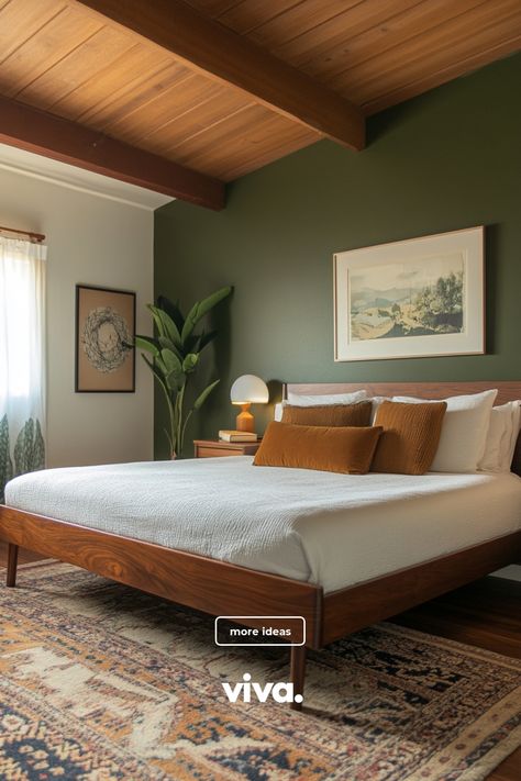 ♥ Are you dreaming of a cozy Mid Century Modern Bedroom with boho vibes? Explore this stunning bedroom with its inviting colors and stylish decor. Get inspired with design ideas for a minimalist, contemporary, and moody bedroom. 🛏️🌿 #MidCenturyModern #BedroomDesign #BohoVibes #HomeDecor 💡 Nature Style Bedroom, Modern Eclectic Bedroom Design, Sage Green Mid Century Modern Bedroom, Mid Century Contemporary Bedroom, Mcm Guest Room, Small Bedroom Ideas Colors, Contemporary Mid Century Modern Bedroom, Mid Century Colours, Modern Cozy Bedroom Ideas