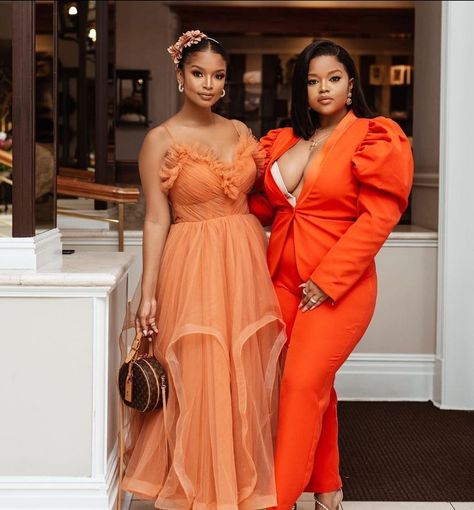 Lungile Thabethe, Ayanda Thabethe, Orange Party Dress, Nice Red Dress, Polo Event, Tea Party Attire, Veuve Cliquot, Gold Headpiece, Nude Lips