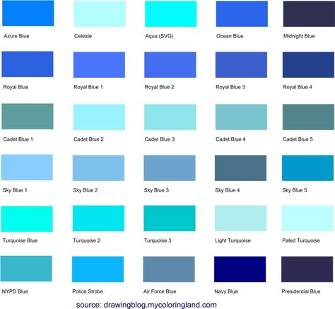 This is the largest list of different blue shades, hues and tints on the web with 225 blue colors, together with their names and appropriate HEX (HTML) codes. Types Of Blue Colour, Purple Color Chart, Purple Color Names, Different Colors Of Purple, Different Blue Colors, Purple Colour Shades, Purple Paint Colors, Types Of Blue, Blue Shades Colors