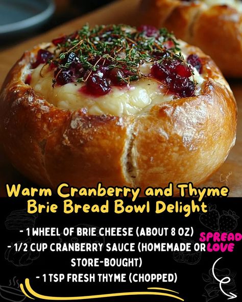 Warm Cranberry and Thyme Brie Bread Bowl Delight Cranberry Orange Baked Brie, Baked Brie In Bread Bowl With Cranberry And Thyme, Thanksgiving Dishes For A Crowd, Sour Dough Brie Cranberry, Brie Cranberry Sourdough Bread, Bread With Brie Cheese, Crescent Brie Appetizer, Brie Wrapped In Crescent Rolls, Baked Brie In Puff Pastry Cranberry