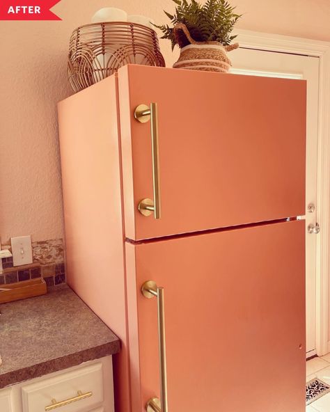 Diy Retro Fridge, Stove Makeover Diy, How To Paint A Fridge Diy, Gold Fridge Handles, Fridge Handle Makeover, Navy Refrigerator, Fridge Painting Ideas, Microwave Makeover, Wallpaper On Fridge