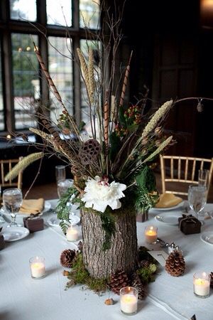 Fall Outside Wedding Ideas Diy Projects, Tin Can Centerpieces Rustic, Woodsy Centerpieces Rustic, Swamp Centerpieces, Woodsy Party Decor, Pheasant Feather Centerpieces, Woodsy Tablescape, Fall Themed Wedding Centerpieces, Rustic Centerpiece Wedding