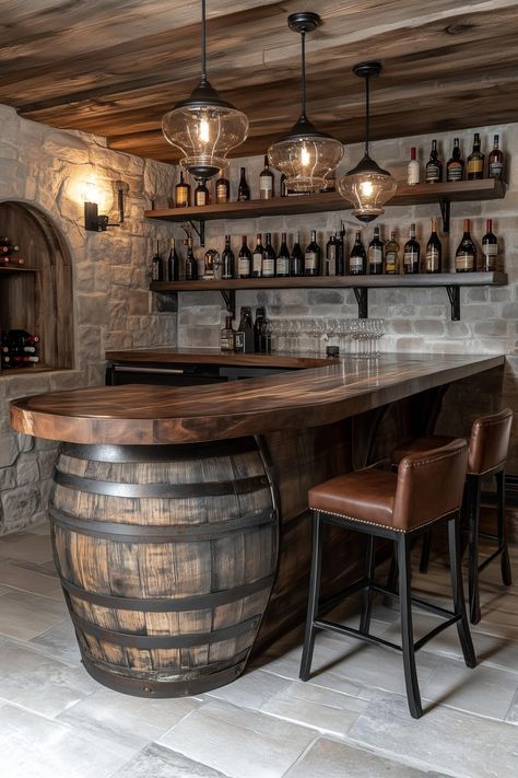 15 Unique Basement Ideas and Designs for Your Dream Space Basement Pub Ideas Interior Design, Wine And Bourbon Room, Classy Basement Bar, Whiskey Barrel Wall, Basement Kitchen And Bar, Basement Tavern Ideas, Basement Bar Gray Cabinets, Rustic Man Cave Bar, Woodsy Basement Ideas