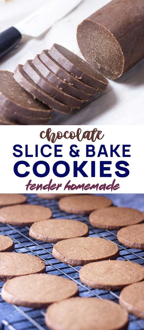 These homemade chocolate slice and bake cookies are rolled into a log, chilled, and sliced into tender cookies perfect for all sorts of decorations. Easy to make! Great for the holidays! Christmas, Valentine's Day, Easter, and more. | justalittlebitofbacon.com #cookies #chocolatecookies #chocolate #holidayrecipes #easterrecipes #christmasrecipes #valentinesrecipes Birthday Party Food For Adults, Sunshine Pie, Slice And Bake Cookies, Refrigerator Cookies, Icebox Cookies, Chocolate Slice, Cookie Craft, Dipped Cookies, Recipes Cookies