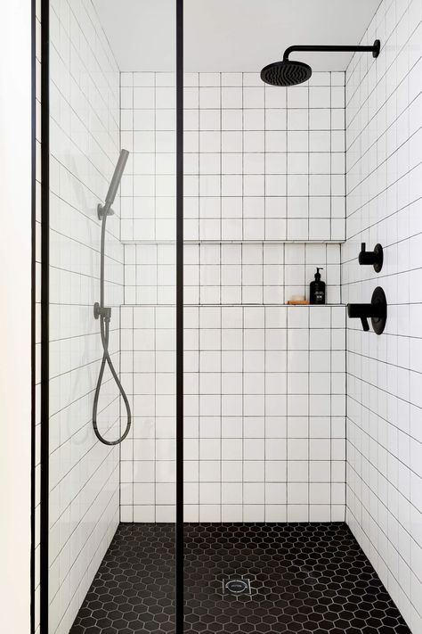 Sunday Saves: Our Favorite Niches | Jkath Design Build + Reinvent Black And White Guest Bathroom, White Guest Bathroom, Square Tile Bathroom, Jkath Design, White Square Tiles, Framed Shower Door, Small Bathroom Renovation, Golden Valley, Shower Holder