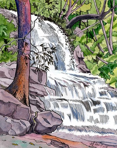 How To Draw Water Falls, Water Falls Drawing, Pen And Ink Drawings With Watercolor, Falls Drawing, Waterfall Drawing, Landscape Pencil Drawings, Laurel Falls, Fall Drawings, Everyday Art