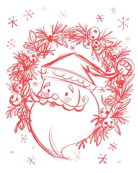 Line Art Santa Claus, Santa Outline Drawing, Santa Claus Sketch Drawing, Nutcracker Illustration Christmas, Christmas Wreaths Illustration, Cute Santa Illustration, Nutcracker Sketch, Wreath Drawing Christmas, Merry Christmas Drawing Ideas